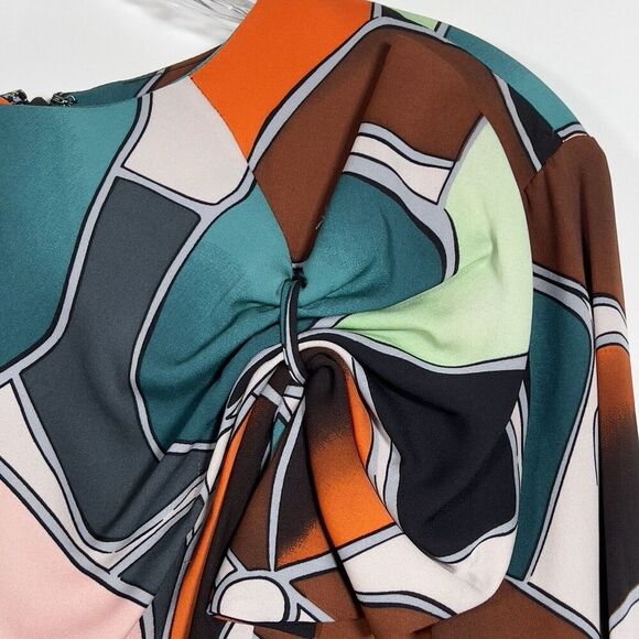 Diane Von Furstenberg Silk Mini Dress Sz 12 Multicolor Shoulder Bow Long Sleeve - Picture 5 of 14